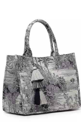jungle natural & navy toile cotton jacquard handheld bag