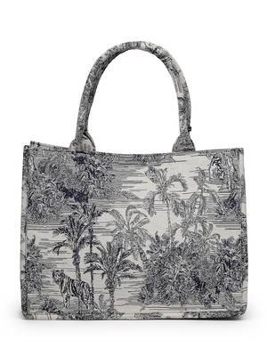 jungle natural & navy toile cotton jacquard handheld bag 6