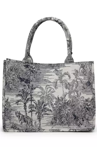 jungle natural & navy toile cotton jacquard handheld bag
