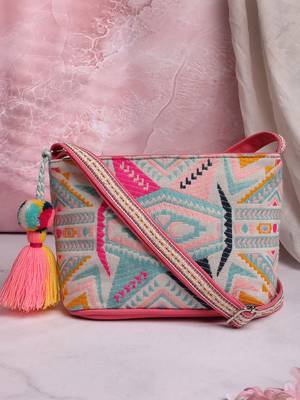 boho fluorescent pink & multi ethnic jacquard cotton sling bag 1