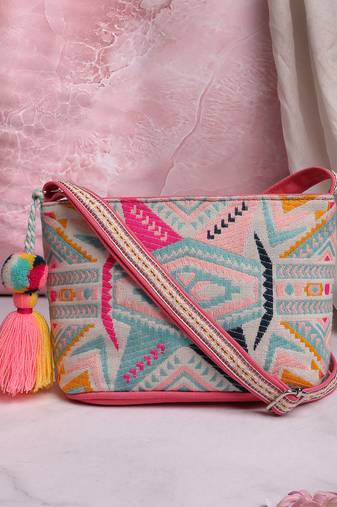 boho fluorescent pink & multi ethnic jacquard cotton sling bag