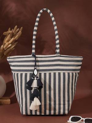 boho navy & ivory woven striped cotton jacquard tote bag 1