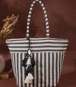 boho navy & ivory woven striped cotton jacquard tote bag