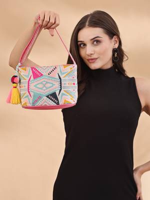 boho fluorescent pink & multi ethnic jacquard cotton sling bag 3