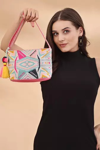 boho fluorescent pink & multi ethnic jacquard cotton sling bag