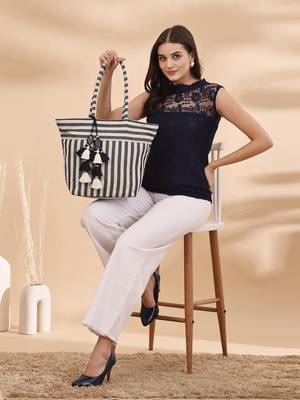 boho navy & ivory woven striped cotton jacquard tote bag 3