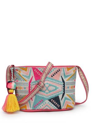boho fluorescent pink & multi ethnic jacquard cotton sling bag 4