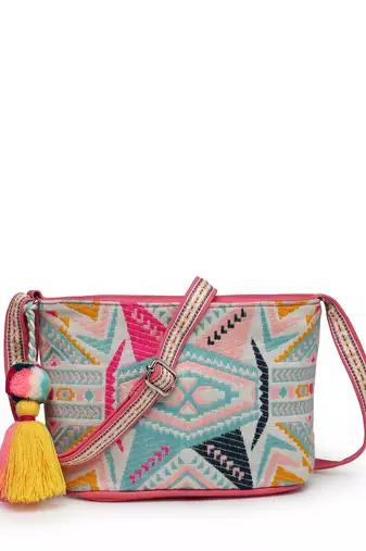 boho fluorescent pink & multi ethnic jacquard cotton sling bag