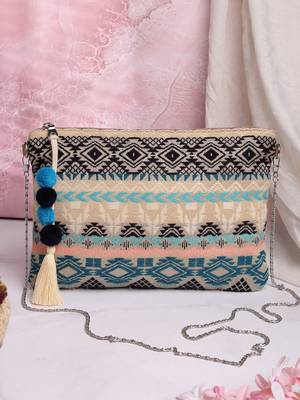 tribal natural, ocean blue & multi tribal cotton jacquard sling bag 1