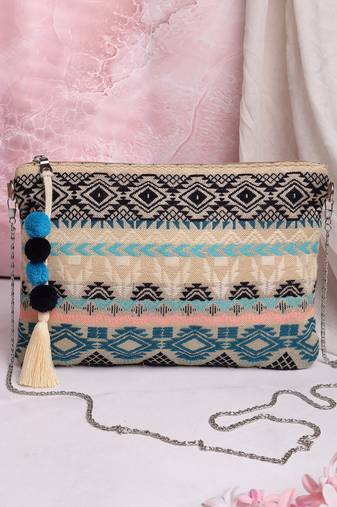 tribal natural, ocean blue & multi tribal cotton jacquard sling bag
