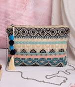 tribal natural, ocean blue & multi tribal cotton jacquard sling bag