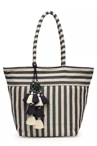 boho navy & ivory woven striped cotton jacquard tote bag