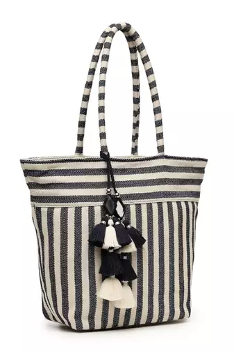 boho navy & ivory woven striped cotton jacquard tote bag