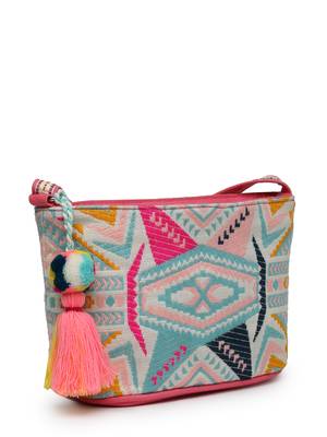 boho fluorescent pink & multi ethnic jacquard cotton sling bag 5