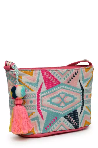 boho fluorescent pink & multi ethnic jacquard cotton sling bag