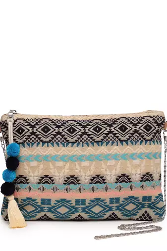 tribal natural, ocean blue & multi tribal cotton jacquard sling bag