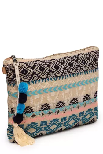 tribal natural, ocean blue & multi tribal cotton jacquard sling bag