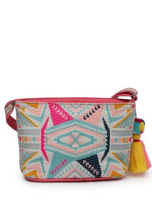 boho fluorescent pink & multi ethnic jacquard cotton sling bag 6
