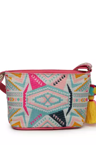 boho fluorescent pink & multi ethnic jacquard cotton sling bag