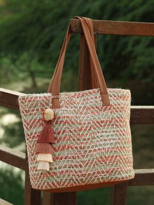 boho coral & multi chevron self design cotton acrylic tote bag 1