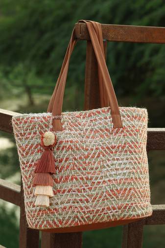 boho coral & multi chevron self design cotton acrylic tote bag