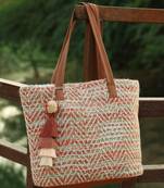 boho coral & multi chevron self design cotton acrylic tote bag