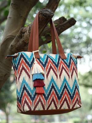rangoli cream, tan & multi ikat digital printed polycotton canvas & pu tote bag 1
