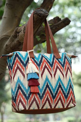 rangoli cream, tan & multi ikat digital printed polycotton canvas & pu tote bag