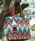 rangoli cream, tan & multi ikat digital printed polycotton canvas & pu tote bag