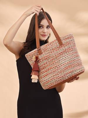 boho coral & multi chevron self design cotton acrylic tote bag 3