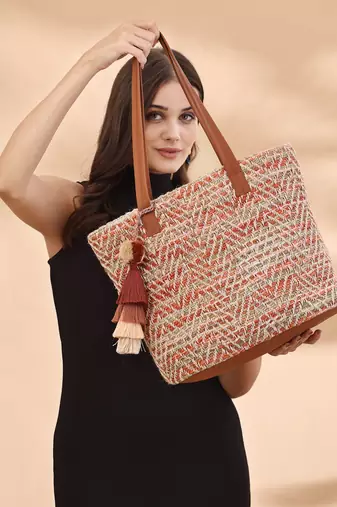 boho coral & multi chevron self design cotton acrylic tote bag
