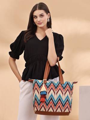 rangoli cream, tan & multi ikat digital printed polycotton canvas & pu tote bag 3
