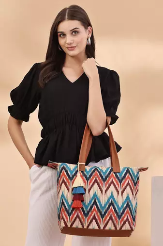 rangoli cream, tan & multi ikat digital printed polycotton canvas & pu tote bag