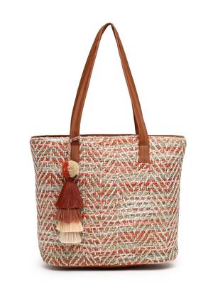 boho coral & multi chevron self design cotton acrylic tote bag 4