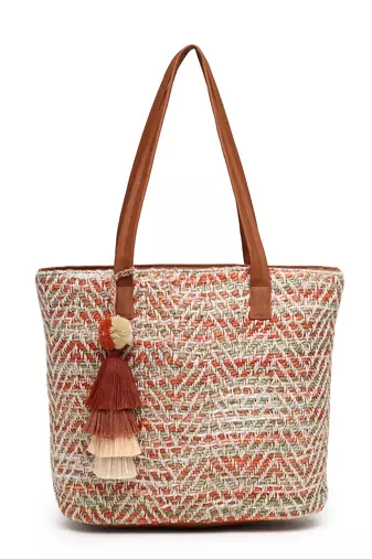 boho coral & multi chevron self design cotton acrylic tote bag