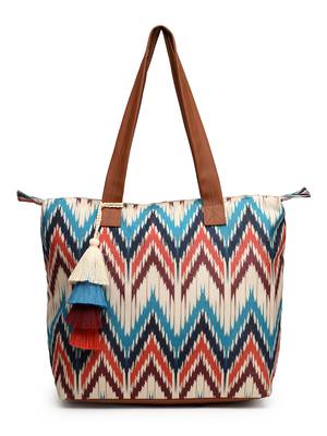 rangoli cream, tan & multi ikat digital printed polycotton canvas & pu tote bag 4