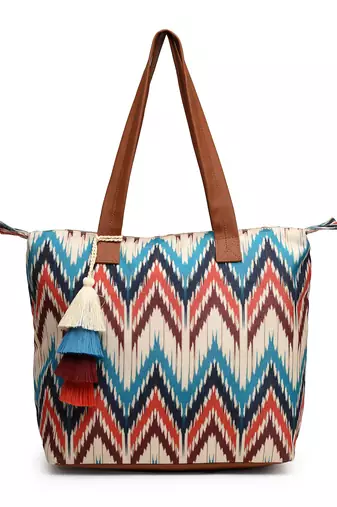 rangoli cream, tan & multi ikat digital printed polycotton canvas & pu tote bag