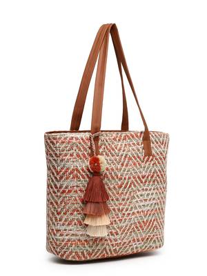 boho coral & multi chevron self design cotton acrylic tote bag 5