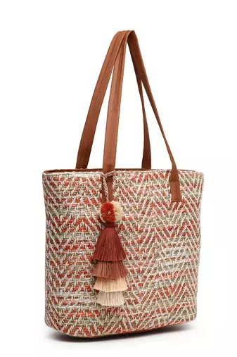 boho coral & multi chevron self design cotton acrylic tote bag