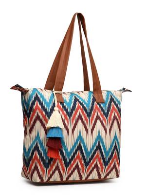 rangoli cream, tan & multi ikat digital printed polycotton canvas & pu tote bag 5
