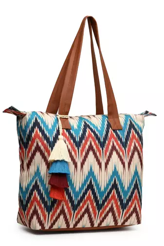 rangoli cream, tan & multi ikat digital printed polycotton canvas & pu tote bag
