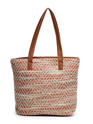 boho coral & multi chevron self design cotton acrylic tote bag 6