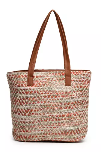 boho coral & multi chevron self design cotton acrylic tote bag