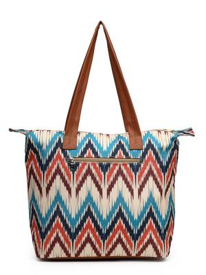rangoli cream, tan & multi ikat digital printed polycotton canvas & pu tote bag 6