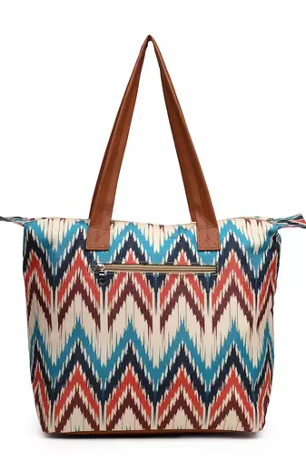 rangoli cream, tan & multi ikat digital printed polycotton canvas & pu tote bag
