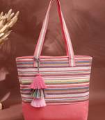 eco- friendly coral & multi striped jacquard cotton canvas tote bag