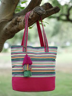 eco- friendly magenta & multi striped jacquard cotton canvas tote bag 1