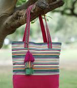 eco- friendly magenta & multi striped jacquard cotton canvas tote bag