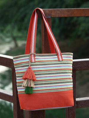 eco- friendly rust & multi striped jacquard cotton canvas tote bag 1