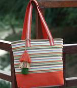 eco- friendly rust & multi striped jacquard cotton canvas tote bag